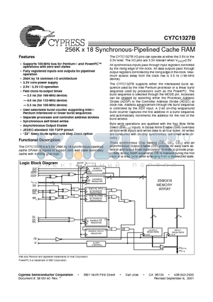 CY7C1327B-166AC datasheet - 256K x 18 Synchronous-Pipelined Cache RAM