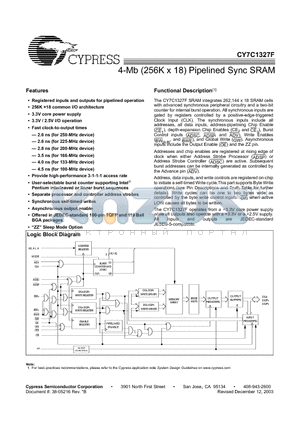 CY7C1327F-100AI datasheet - 4-Mb (256K x 18) Pipelined Sync SRAM