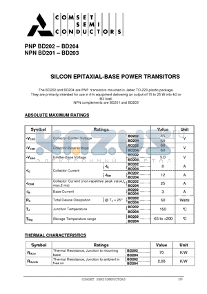 BD202 datasheet - SILCON EPITAXIAL-BASE POWER TRANSITORS