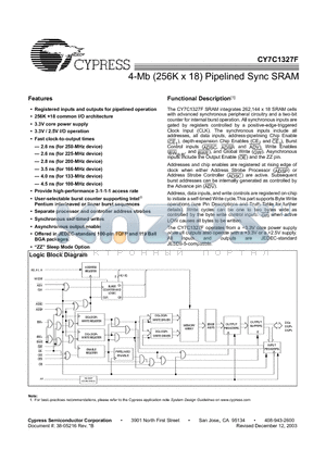 CY7C1327F-200BGI datasheet - 4-Mb (256K x 18) Pipelined Sync SRAM