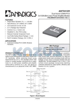 AWT6310RM23Q7 datasheet - Dual-band CDMA/PCS 3.4 V/28 dBm Linear Power Amplifier Module