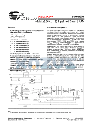 CY7C1327G-100BGXI datasheet - 4-Mbit (256K x 18) Pipelined Sync SRAM
