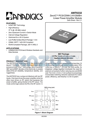 AWT6332RM27P9 datasheet - ZeroICTM PCS/CDMA 3.4V/28dBm Linear Power Amplifier Module