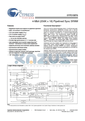 CY7C1327G-200BGXI datasheet - 4-Mbit (256K x 18) Pipelined Sync SRAM