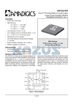 AWT6276RM20P8 datasheet - HELP PCS/WCDMA 3.4 V/29.5 dBm Linear Power Amplifier Module