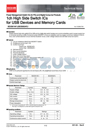 BD2061AFJ datasheet - 1ch High Side Switch ICs for USB Devices and Memory Cards