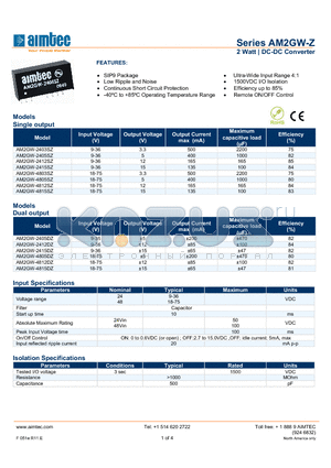 AM2GW-2405DZ datasheet - 2 Watt | DC-DC Converter