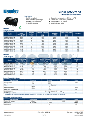 AM2GW-2415S-NZ datasheet - 2 Watt | DC-DC Converter