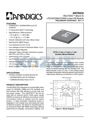 AWT6635Q7 datasheet - HELP3DCTM (Band 5) LTE/WCDMA/CDMA Linear PA Module