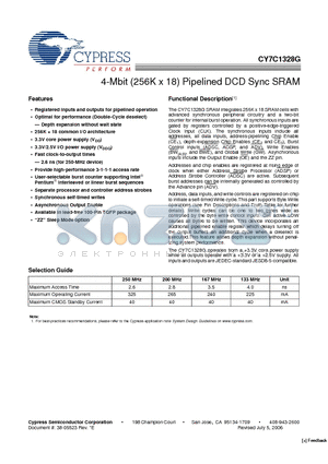 CY7C1328G datasheet - 4-Mbit (256K x 18) Pipelined DCD Sync SRAM