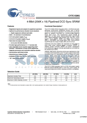 CY7C1328G-250AXC datasheet - 4-Mbit (256K x 18) Pipelined DCD Sync SRAM