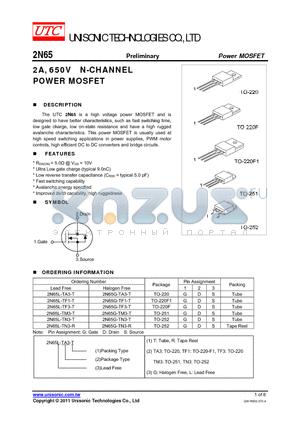 2N65L-TN3-T datasheet - 2A, 650V N-CHANNEL POWER MOSFET