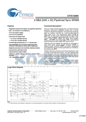CY7C1329H datasheet - 2-Mbit (64K x 32) Pipelined Sync SRAM