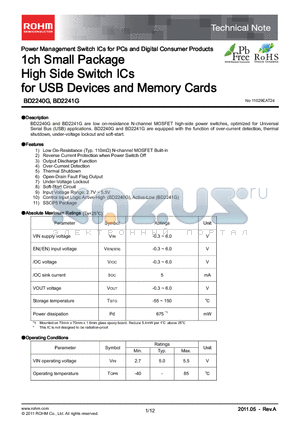 BD2240G datasheet - 1ch Small Package High Side Switch ICs for USB Devices and Memory Cards