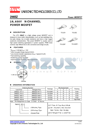 2N65ZL-TF1-T datasheet - 2A, 650V N-CHANNEL POWER MOSFET