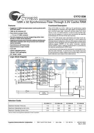 CY7C1338-117AC datasheet - 128K x 32 Synchronous-Flow-Through 3.3V Cache RAM