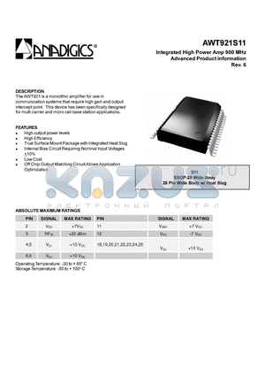 AWT921S11 datasheet - Integrated High Power Amp 900 MHz