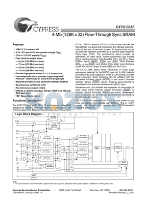 CY7C1338 datasheet - 4-Mb (128K x 32) Flow-Through Sync SRAM