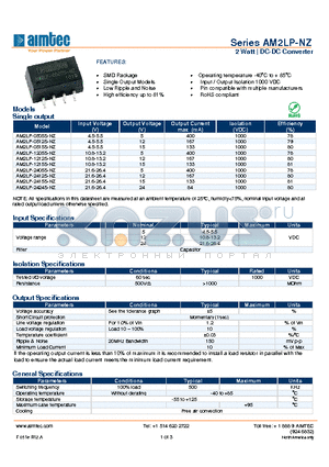 AM2LP-0505S-NZ datasheet - 2 Watt | DC-DC Converter