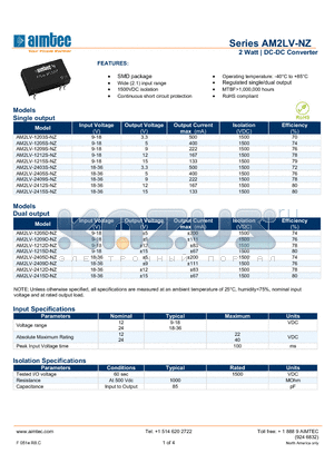 AM2LV-1205S-NZ datasheet - 2 Watt | DC-DC Converter