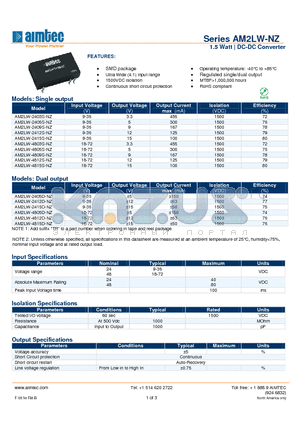 AM2LW-2405D-NZ datasheet - 1.5 Watt | DC-DC Converter