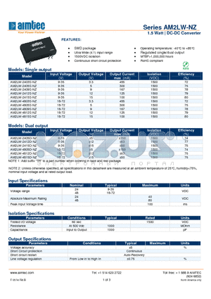 AM2LW-4805S-NZ datasheet - 1.5 Watt | DC-DC Converter