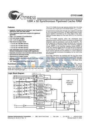 CY7C1339B datasheet - 128K x 32 Synchronous Pipelined Cache RAM