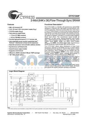 CY7C1344F datasheet - 2-Mbit (64K x 36) Flow-Through Sync SRAM