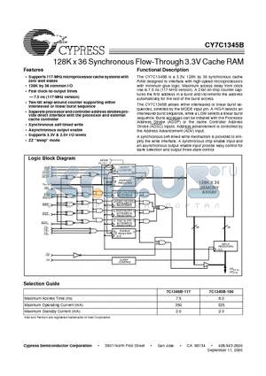 CY7C1345B datasheet - 128K x 36 Synchronous Flow-Through 3.3V Cache RAM