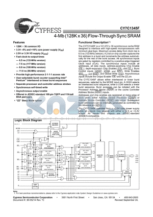 CY7C1345F-117BGI datasheet - 4-Mb (128K x 36) Flow-Through Sync SRAM