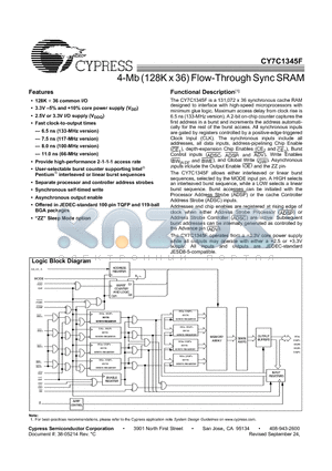 CY7C1345F-133BGI datasheet - 4-Mb (128K x 36) Flow-Through Sync SRAM