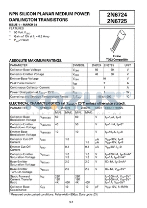 2N6725 datasheet - NPN SILICON PLANAR MEDIUM POWER DARLINGTON TRANSISTORS