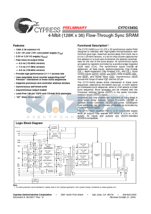 CY7C1345G-100BGC datasheet - 4-Mbit (128K x 36) Flow-Through Sync SRAM