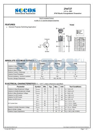 2N6727 datasheet - PNP Plastic Encapsulated Transistor
