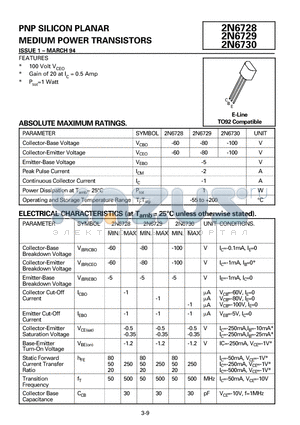 2N6729 datasheet - PNP SILICON PLANAR MEDIUM POWER TRANSISTORS