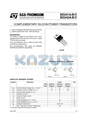 BD242A datasheet - COMPLEMENTARY SILICON POWER TRANSISTORS