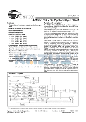 CY7C1347F-133BGC datasheet - 4-Mbit (128K x 36) Pipelined Sync SRAM