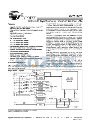 CY7C1347B-133BGI datasheet - 128K x 36 Synchronous-Pipelined Cache RAM