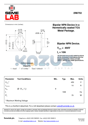 2N6752 datasheet - Bipolar NPN Device in a Hermetically sealed TO3 Metal Package