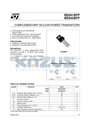 BD242BFP datasheet - COMPLEMENTARY SILICON POWER TRANSISTORS
