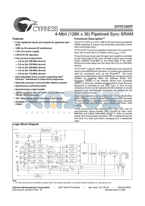 CY7C1347F-250AC datasheet - 4-Mbit (128K x 36) Pipelined Sync SRAM