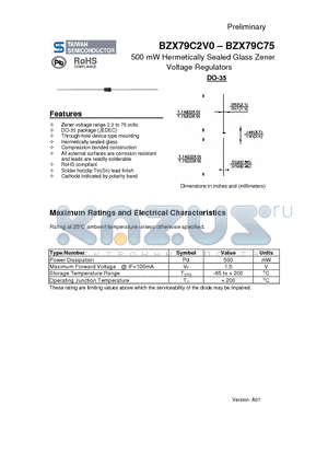BZX79C2V0 datasheet - 500 mW Hermetically Sealed Glass Zener Voltage Regulators