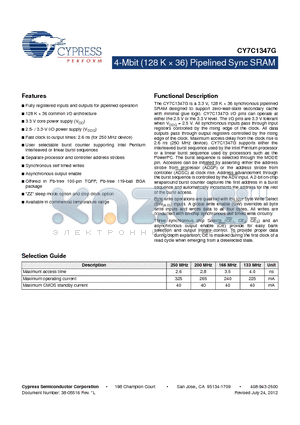 CY7C1347G-200AXC datasheet - 4-Mbit (128 K  36) Pipelined Sync SRAM