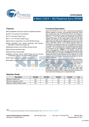 CY7C1347G-200AXC datasheet - 4-Mbit (128 K x 36) Pipelined Sync SRAM Asynchronous output enable