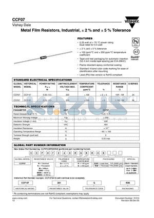 CCF0710R0GKR36 datasheet - Metal Film Resistors, Industrial, a 2 % and a 5 % Tolerance
