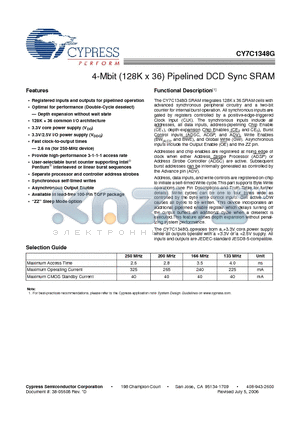 CY7C1348G-166AXI datasheet - 4-Mbit (128K x 36) Pipelined DCD Sync SRAM