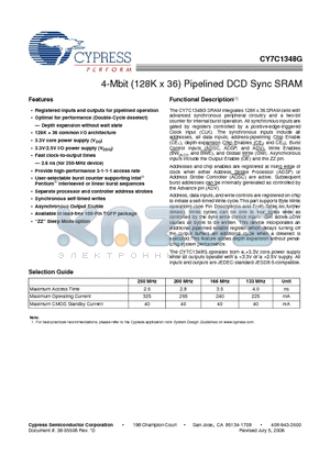 CY7C1348G-250AXI datasheet - 4-Mbit (128K x 36) Pipelined DCD Sync SRAM