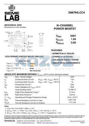 2N6794LCC4 datasheet - NCHANNEL POWER MOSFET