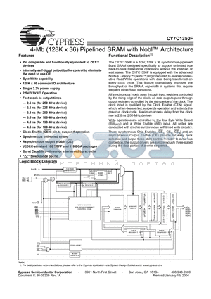 CY7C1350F-100BGC datasheet - 4-Mb (128K x 36) Pipelined SRAM with Nobl Architecture