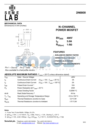 2N6800 datasheet - N-CHANNEL POWER MOSFET